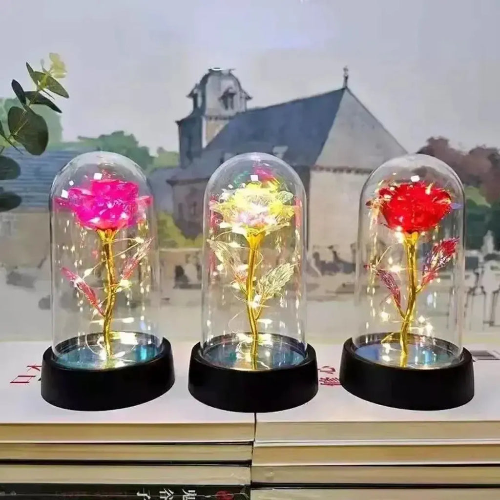 Rosa Encantada com Luz LED –  com Cúpula Decorativa Iluminada