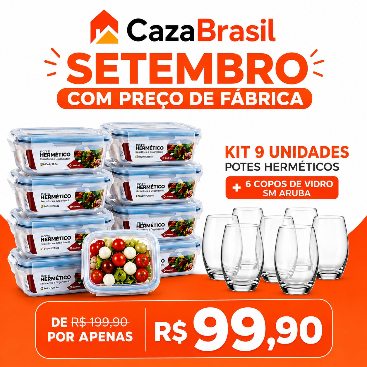 KIT 9 UNIDADES POTES HERMÉTICOS + 6 COPOS BRINDE!