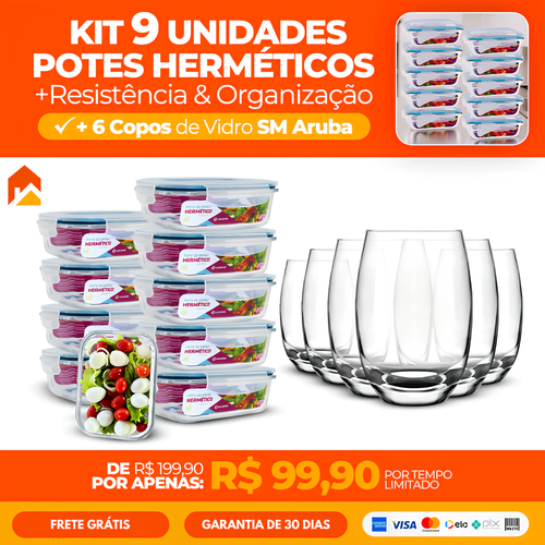 KIT 9 UNIDADES POTES HERMÉTICOS + 6 COPOS BRINDE!