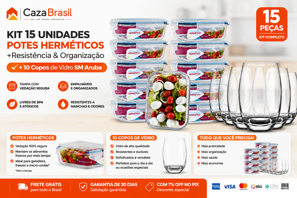 KIT 15 POTES HERMÉTICOS + 10 COPOS!