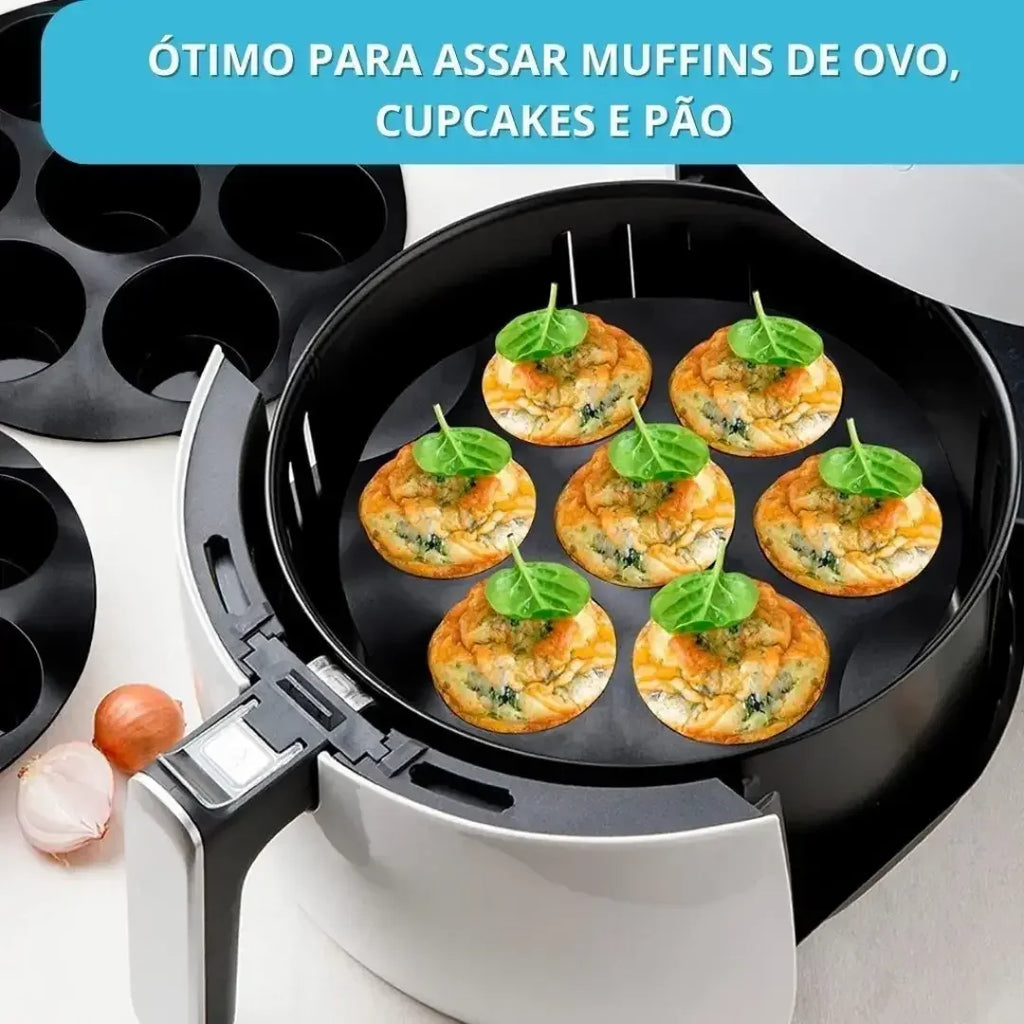 Forma de Silicone para Air Fryer com 7 Cavidades – Antiaderente para Cupcakes, Muffins e Mini Bolos