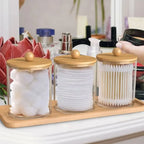 Kit 3 Potes Organizadores com Tampa de Madeira e Bandeja de Bambu