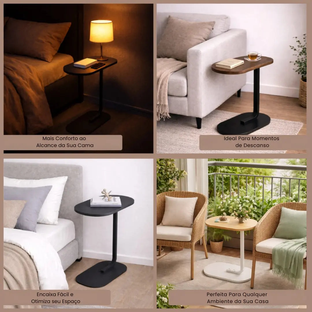 Mesa Lateral Portátil | Ferro e MDF para Sala e Quarto