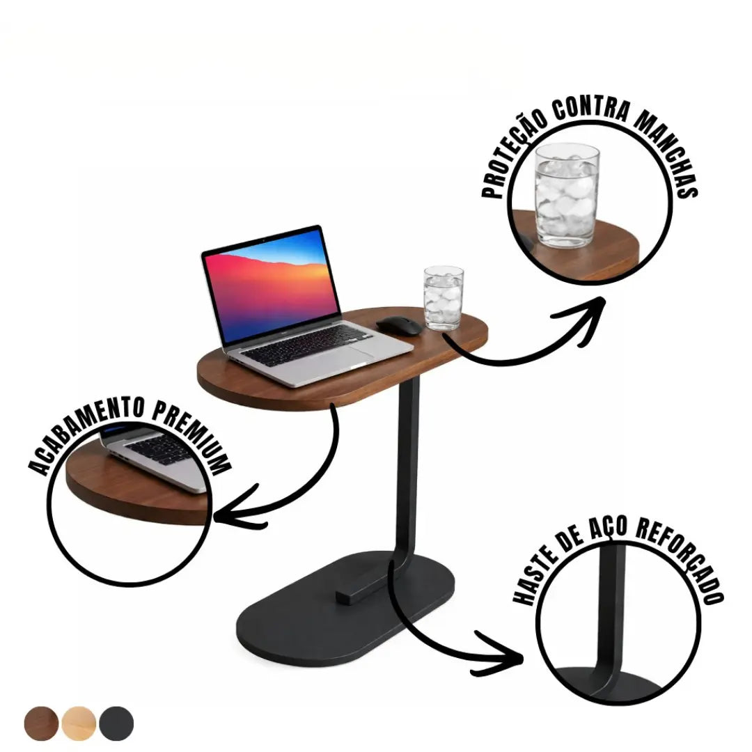 Mesa Lateral Portátil | Ferro e MDF para Sala e Quarto