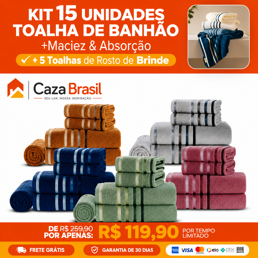 KIT COMPLETO COM 20 TOALHAS – 15 BANHÃO + 5 DE ROSTO GRÁTIS
