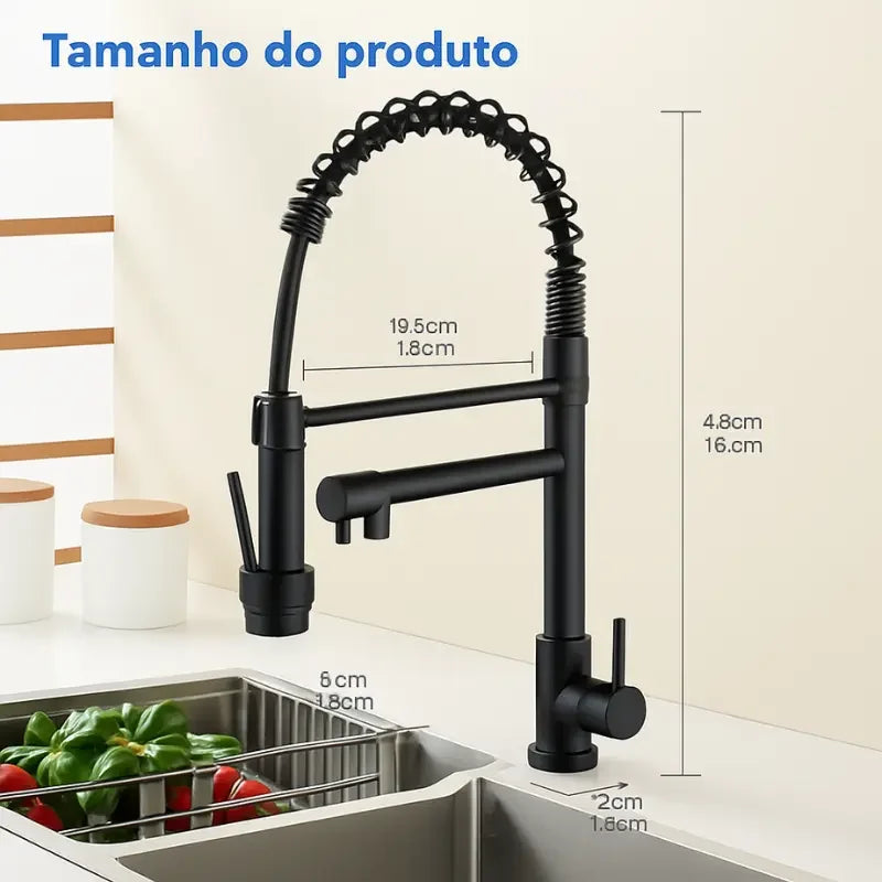Torneira Gourmet Cozinha Preta Flexível com Ducha Dupla 360°
