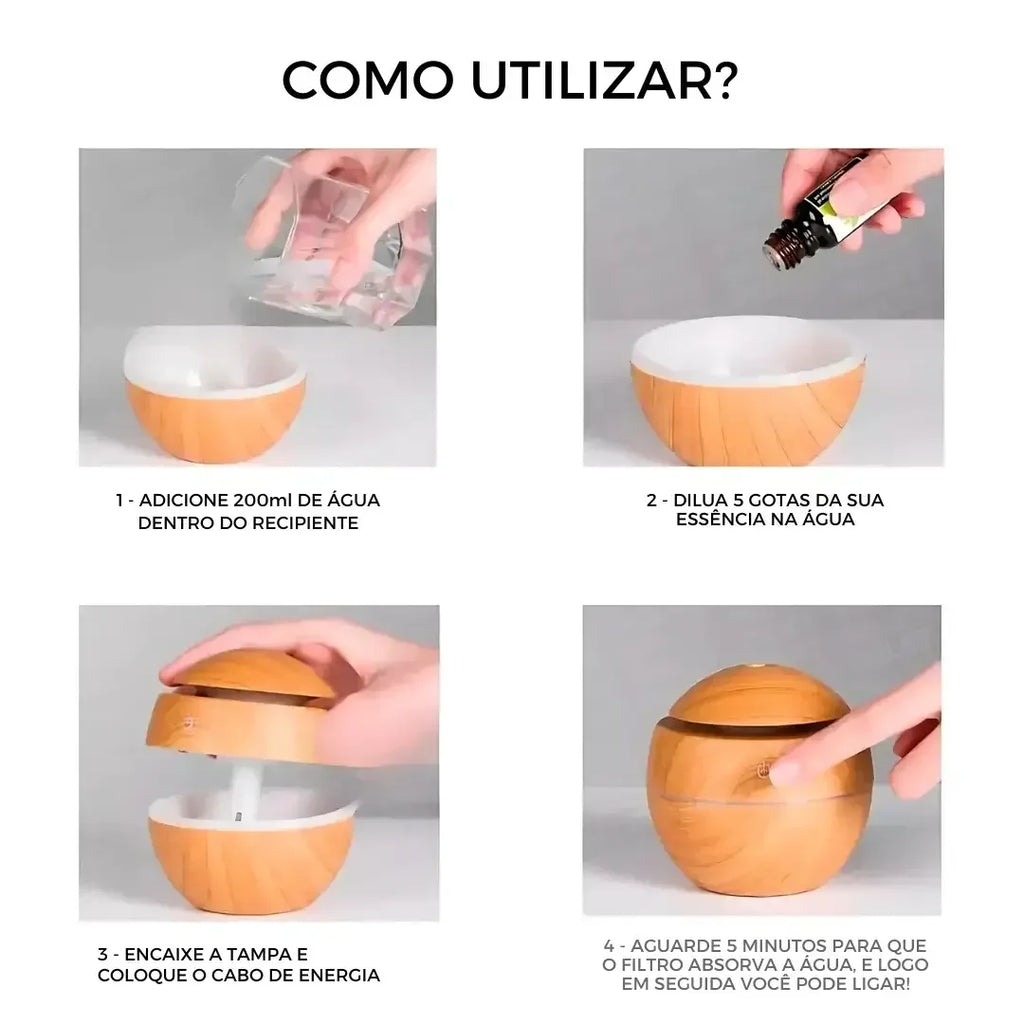 Umidificador e Difusor Ultrassônico Luzes Madeira USB