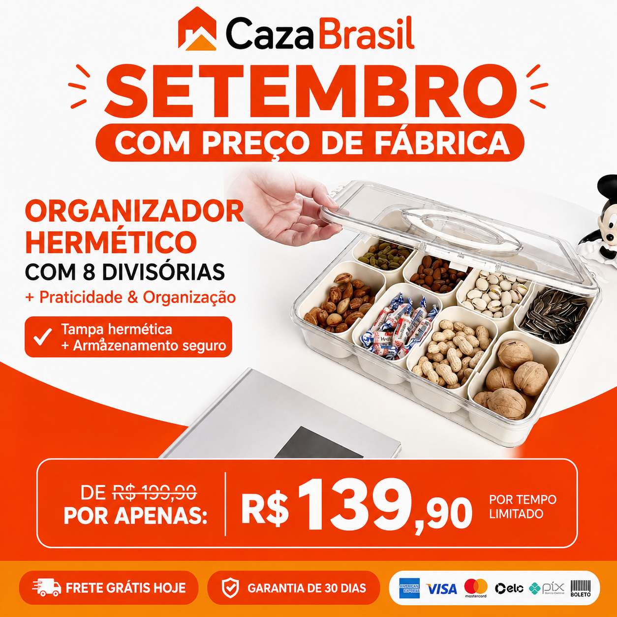 Organizador Hermético Em Acrílico com 8 Divisórias – para Frutas, Legumes e Alimentos