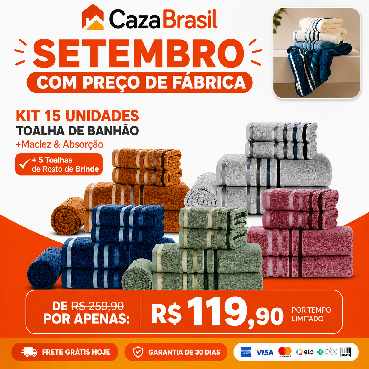 KIT COMPLETO COM 20 TOALHAS – 15 BANHÃO + 5 DE ROSTO GRÁTIS